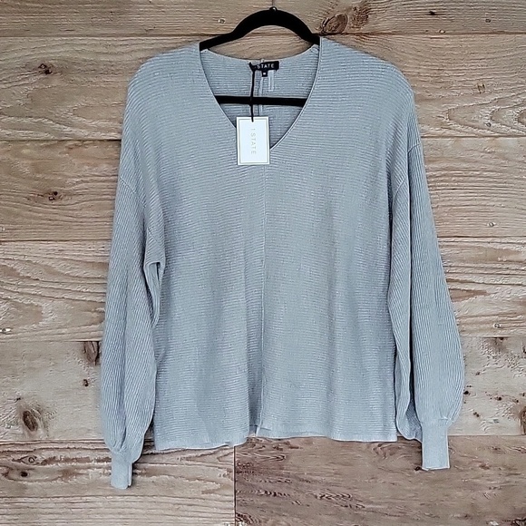 1. State Sweaters - 1. State NWT Size Medium Light Gray Ribbed Balloon Sleeve Cotton Blend Sweater